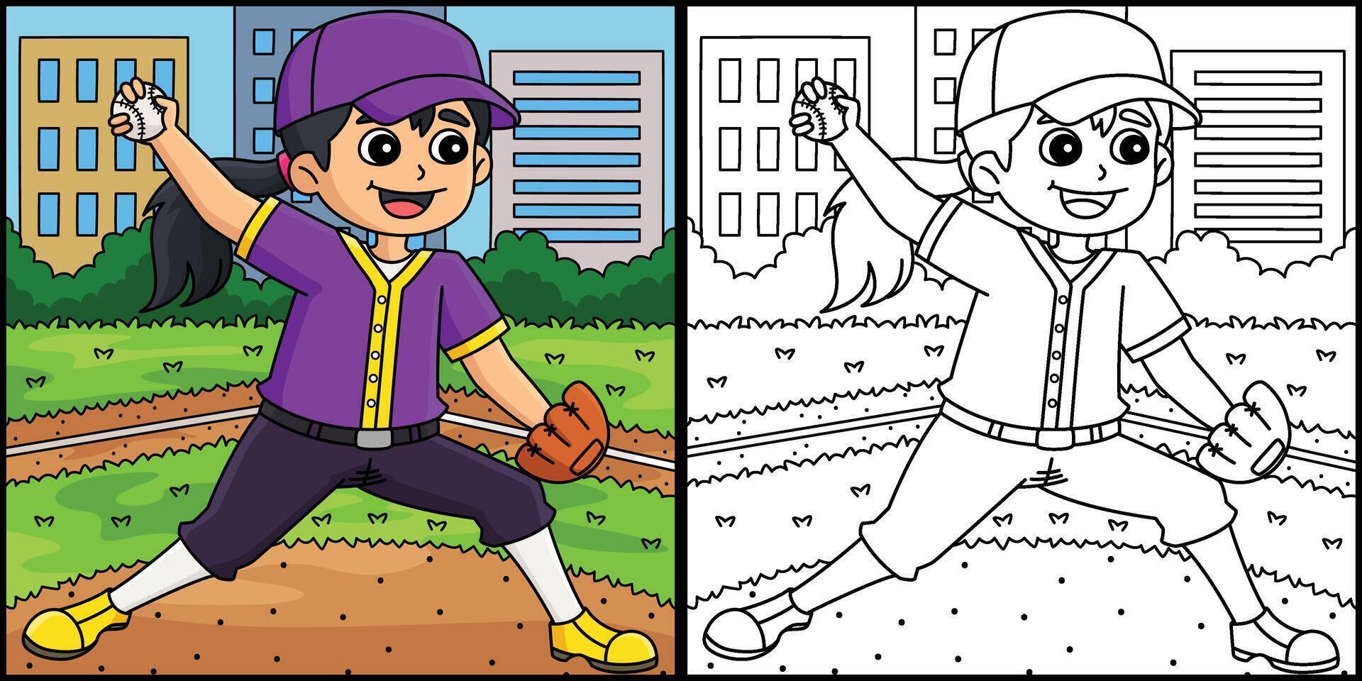 Female Baseball Pitcher Coloring Page Illustration vector