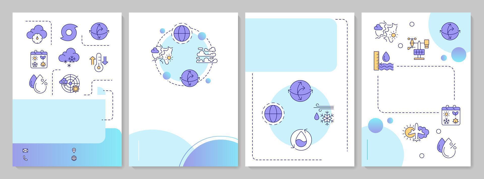 Atmospheric science blue circle brochure template. Weather forecast methods. Climate analyzing. Leaflet design with linear icons. Editable 4 layouts vector