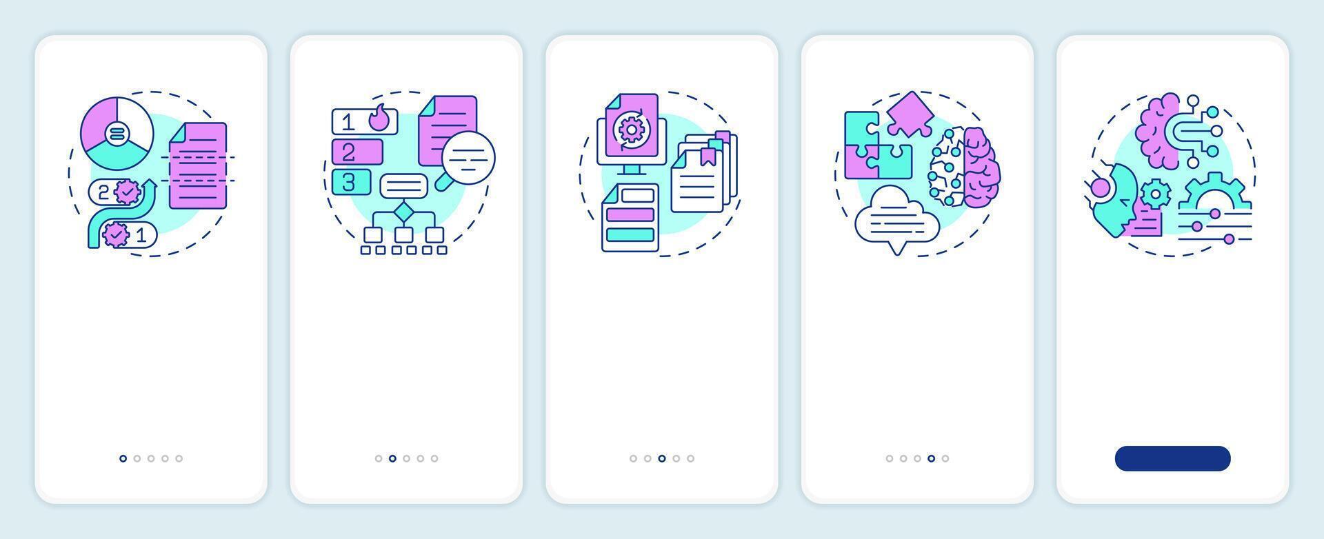 Levels of chunking strategies in RAG onboarding mobile app screen. Walkthrough 5 steps editable graphic instructions with linear concepts. UI, UX, GUI template vector
