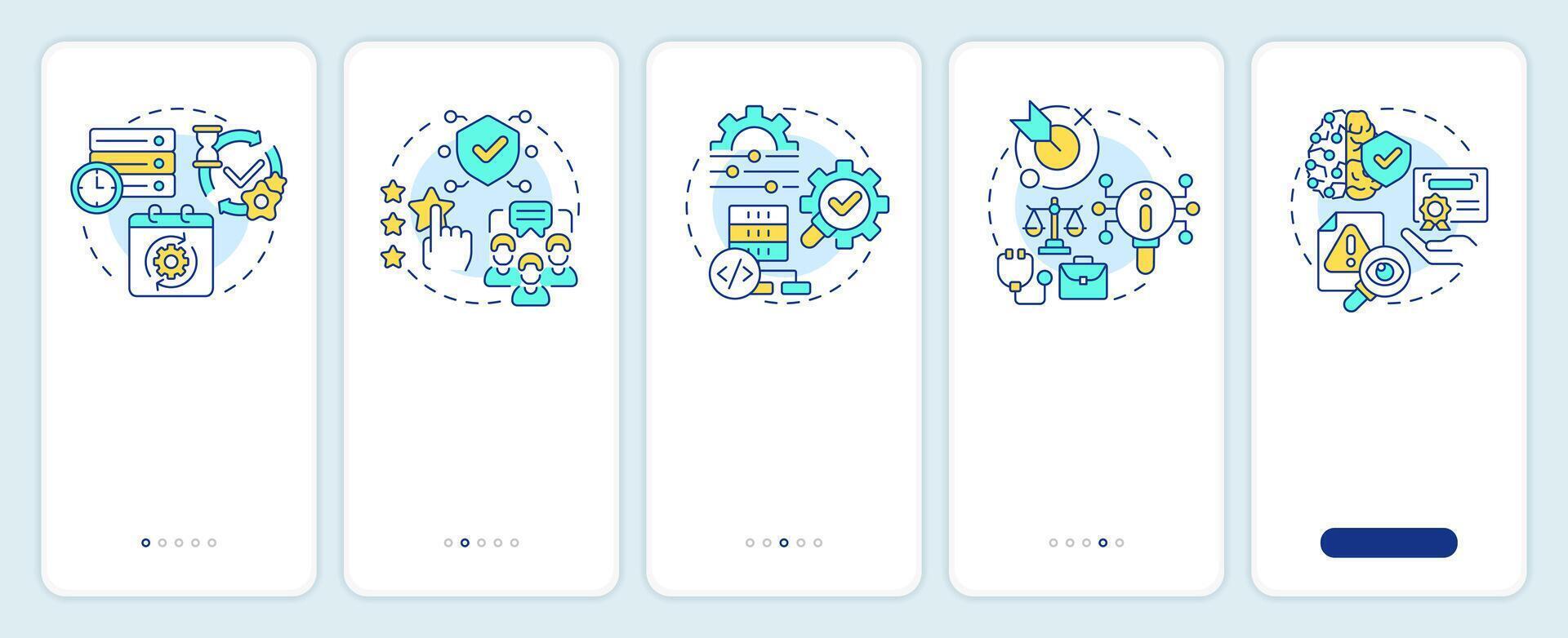 Benefits of RAG onboarding mobile app screen. AI semantic walkthrough 5 steps editable graphic instructions with linear concepts. UI, UX, GUI template vector