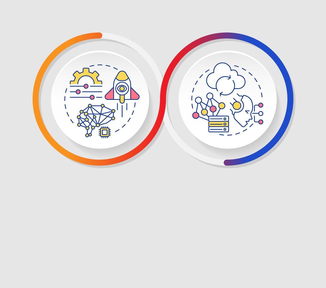 Approaches in statistical analysis infographics circles sequence. RAG methods integration. Visualization layout with 2 steps. Info chart loop process presentation vector