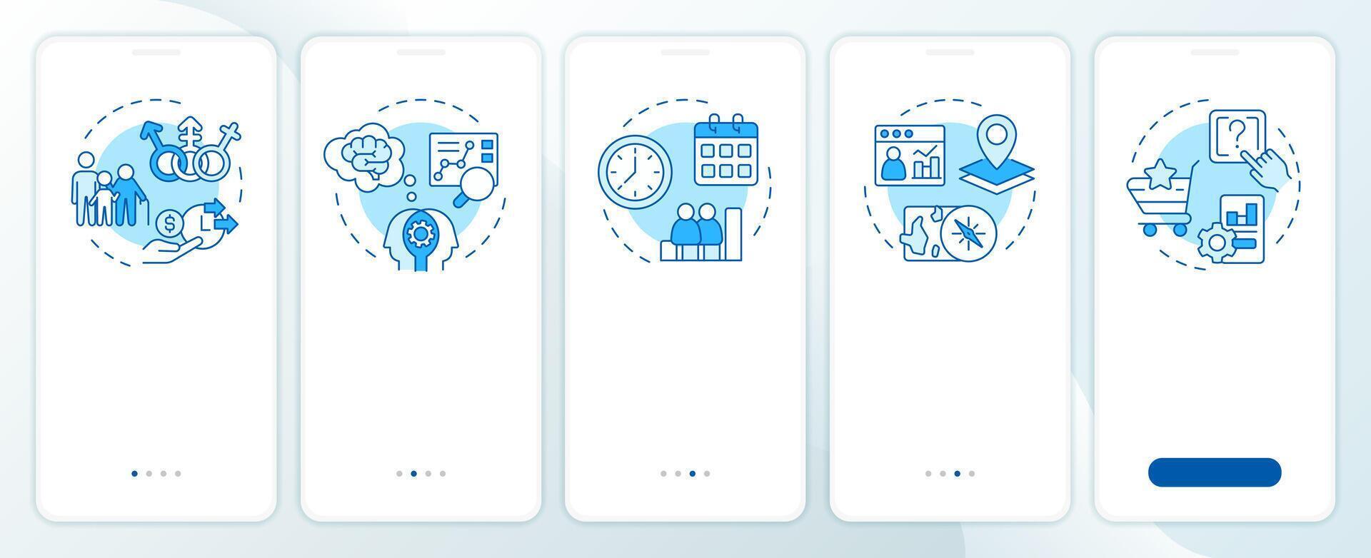 Audience analysis blue onboarding mobile app screen. Business walkthrough 5 steps editable graphic instructions with linear concepts. UI, UX, GUI template vector