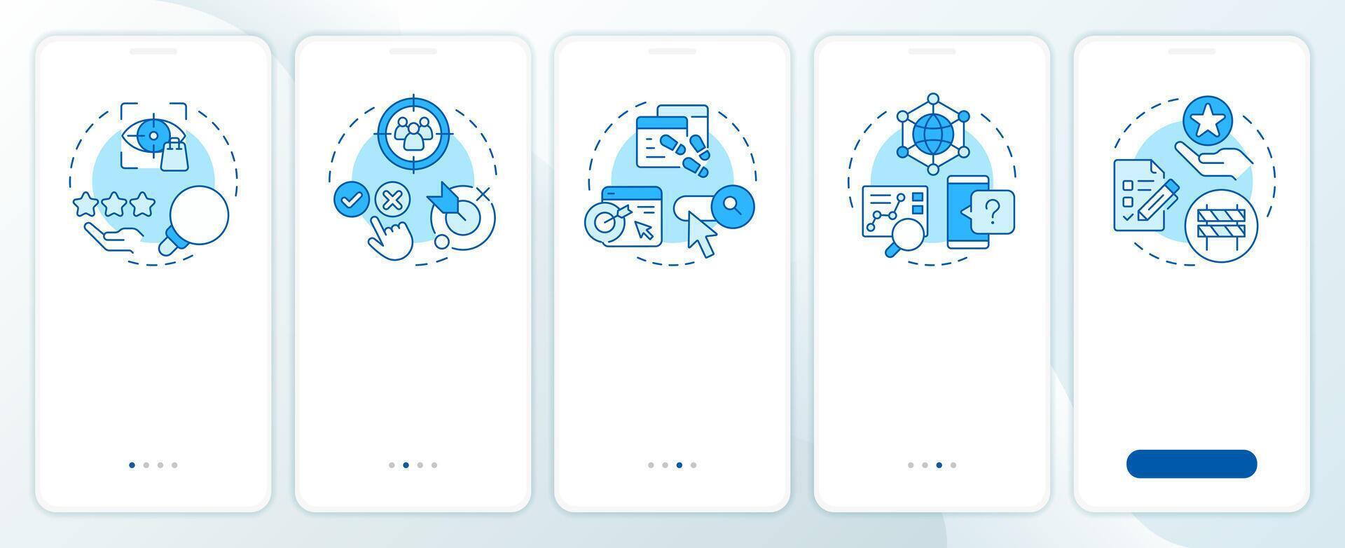 Perform audience analysis blue onboarding mobile app screen. Walkthrough 5 steps editable graphic instructions with linear concepts. UI, UX, GUI template vector