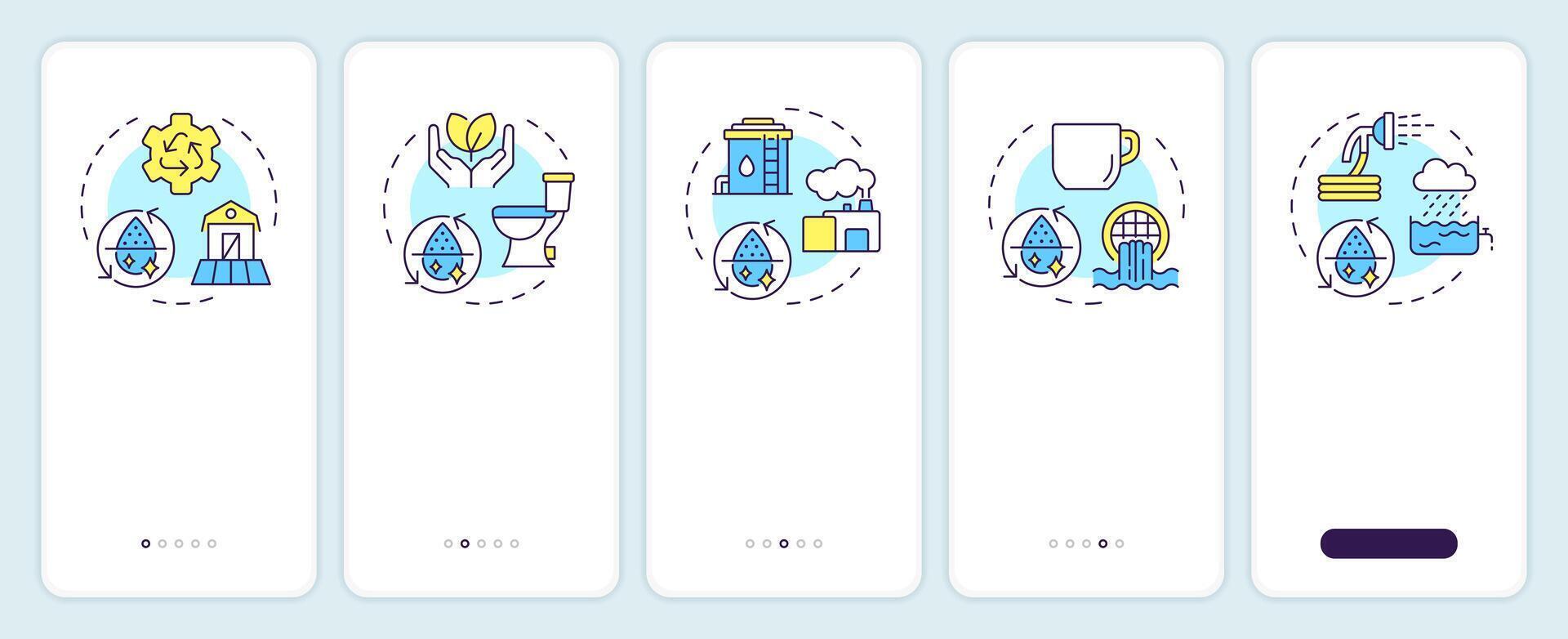 Types of water reuse onboarding mobile app screen. Recycling walkthrough 3 steps editable graphic instructions with linear concepts. UI, UX, GUI template vector