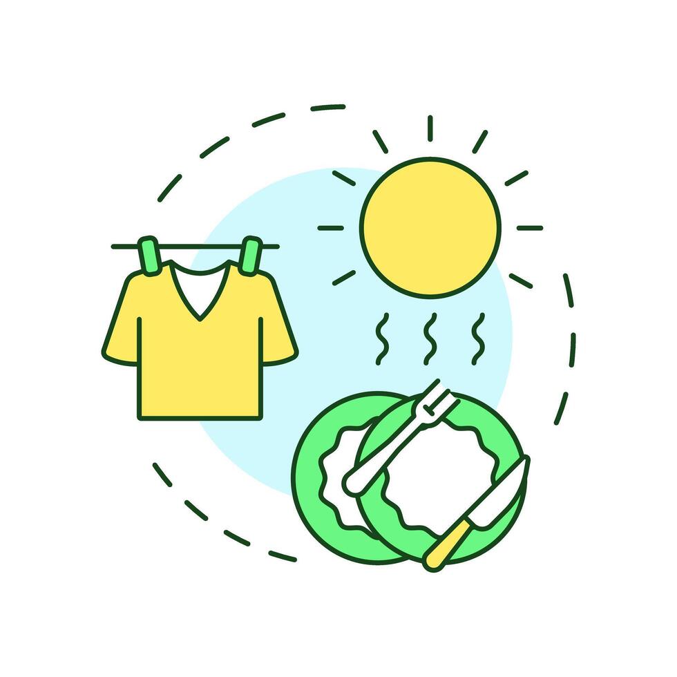 Air dry dishes and laundry multi color concept icon. Using clothesline and drying rack. Energy saving tip. Round shape line illustration. Abstract idea. Graphic design. Easy to use in booklet vector