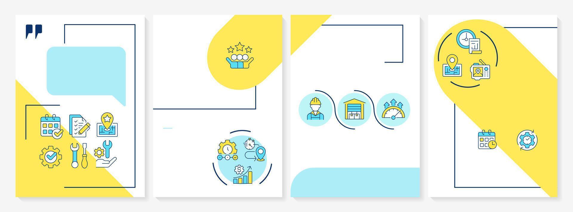 Field service management yellow and blue brochure template. FMS system. Real-time tracking. Leaflet design with linear icons. Editable 4 layouts vector