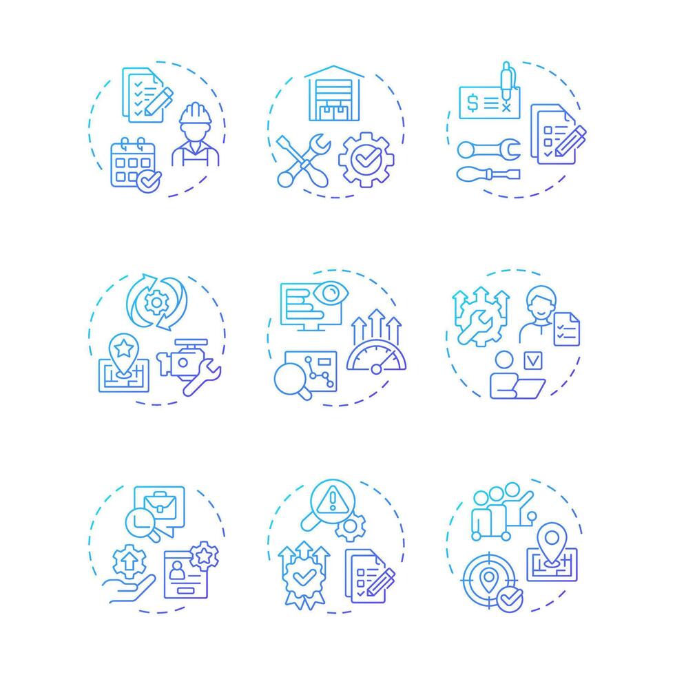 Field service management blue gradient concept icons. Optimization in FSM operations. Managing workforce, equipment, assets. Icon pack. Round shape illustrations. Abstract idea vector