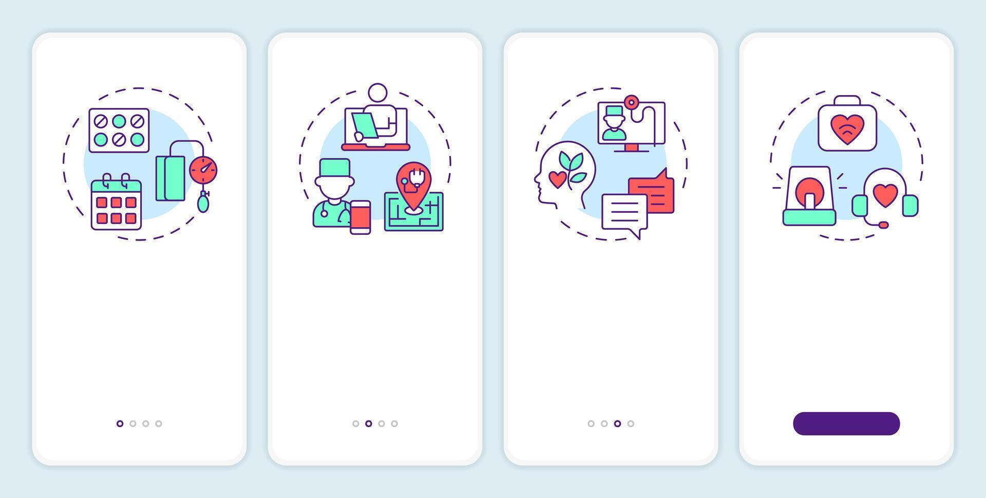 Applications of telehealth onboarding mobile app screen. Walkthrough 4 steps editable graphic instructions with linear concepts. UI, UX, GUI template vector