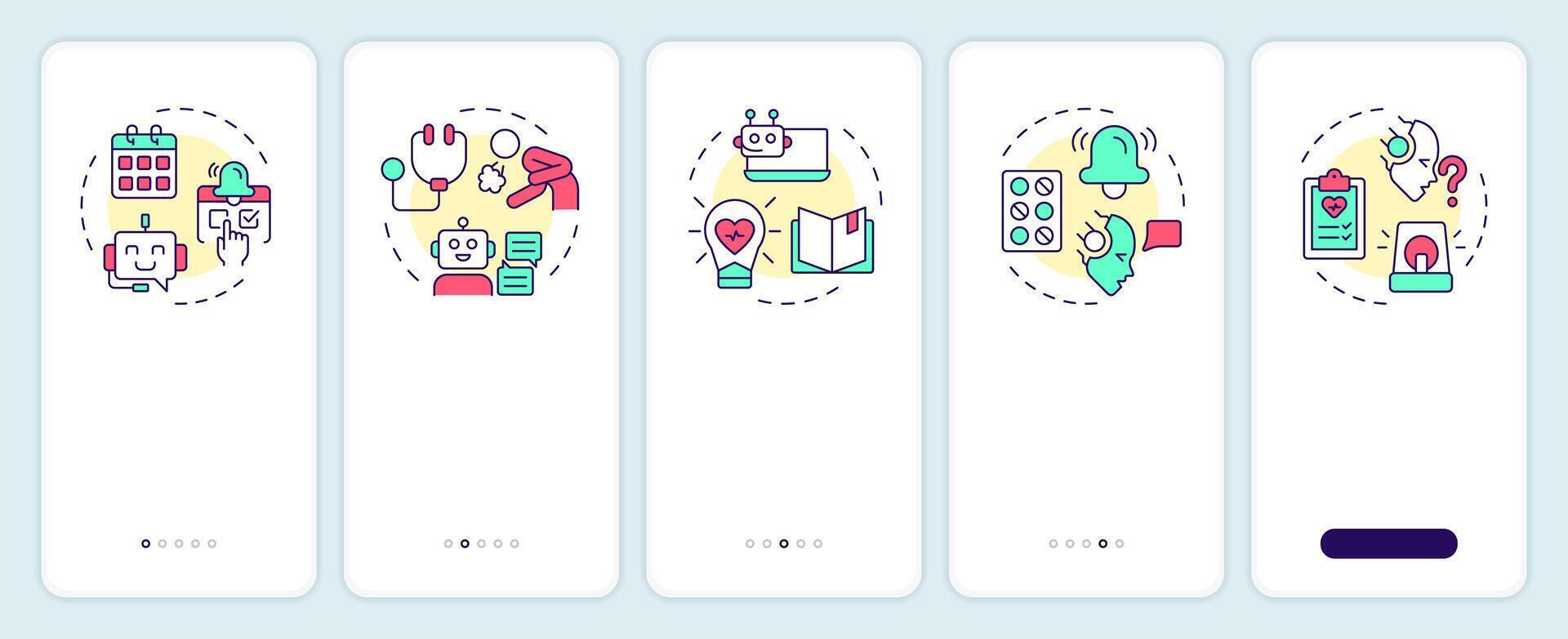 Healthcare chatbot use cases onboarding mobile app screen. Walkthrough 5 steps editable graphic instructions with linear concepts. UI, UX, GUI template vector