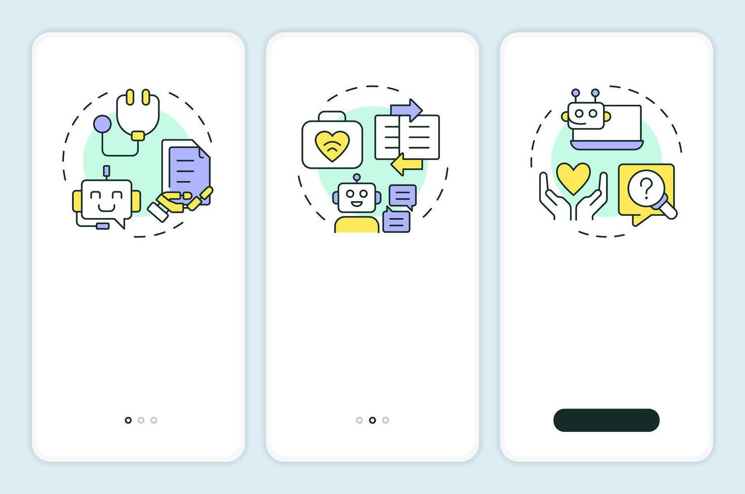 Types of medical chatbots onboarding mobile app screen. Walkthrough 3 steps editable graphic instructions with linear concepts. UI, UX, GUI template vector