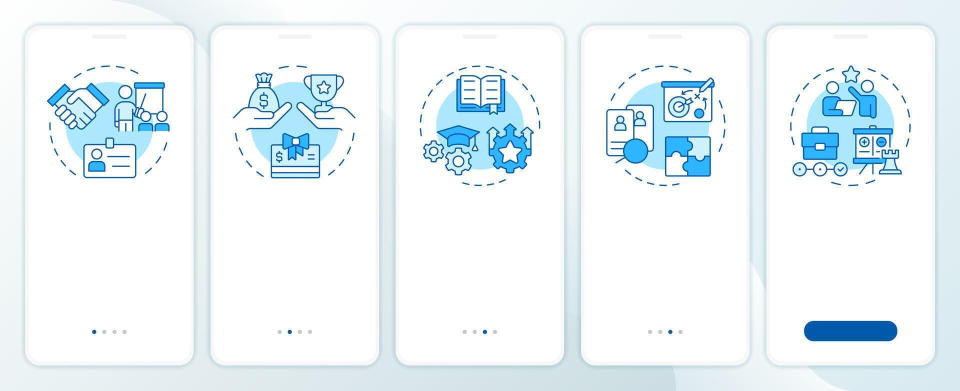 HRMS blue onboarding mobile app screen. HR management system. Walkthrough 5 steps editable graphic instructions with linear concepts. UI, UX, GUI template vector