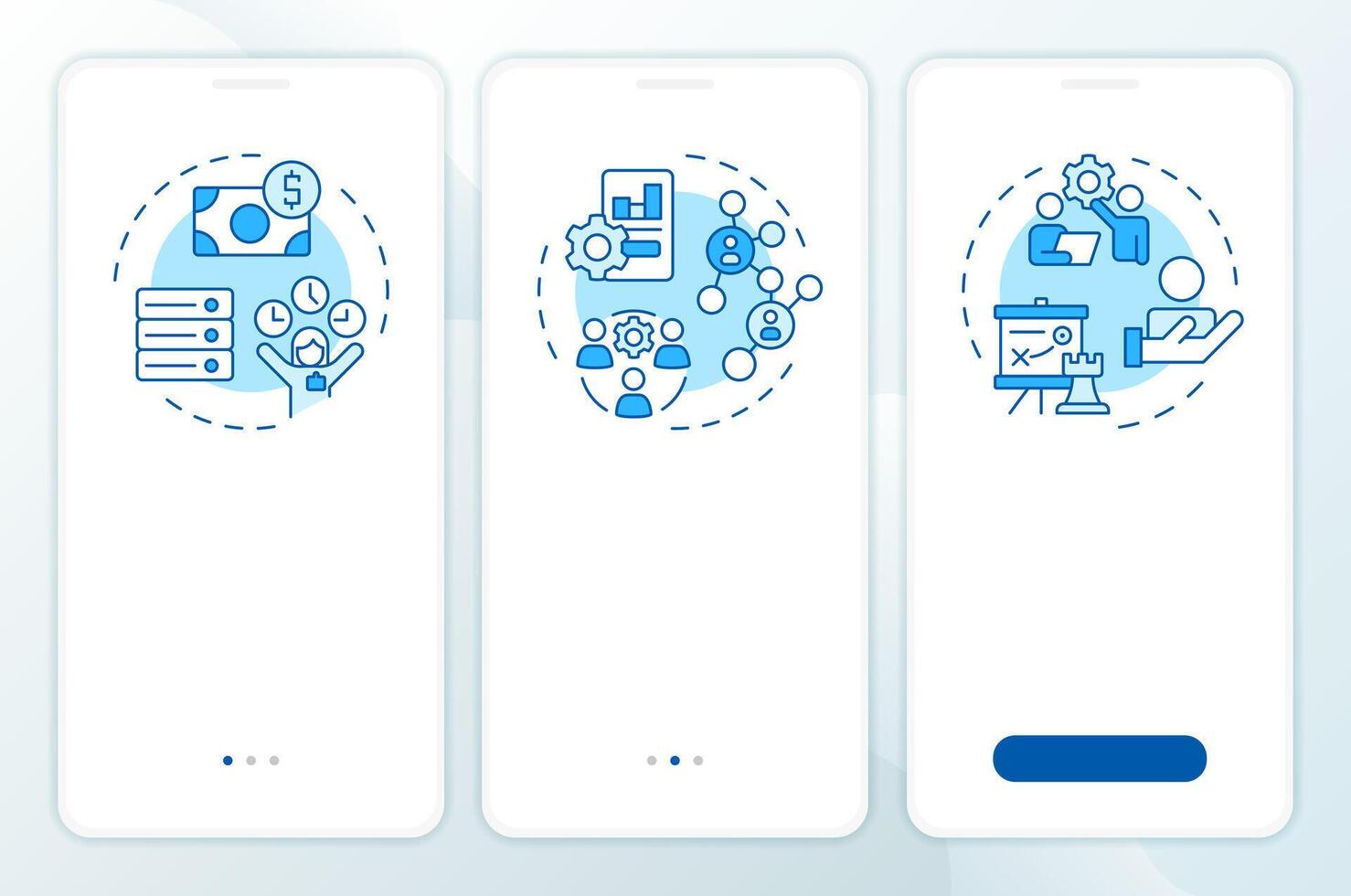HRMS vs HRIS vs HCM blue onboarding mobile app screen. Business. Walkthrough 3 steps editable graphic instructions with linear concepts. UI, UX, GUI template vector