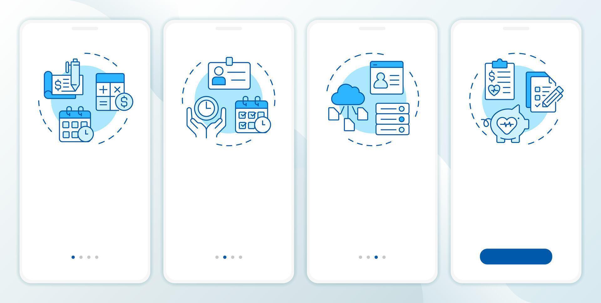 HRIS blue onboarding mobile app screen. HR information system. Walkthrough 4 steps editable graphic instructions with linear concepts. UI, UX, GUI template vector