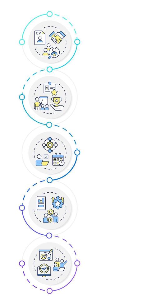 HR process infographic vertical sequence. Professionals recruitment for company development. Visualization infochart with 5 steps. Circles workflow vector