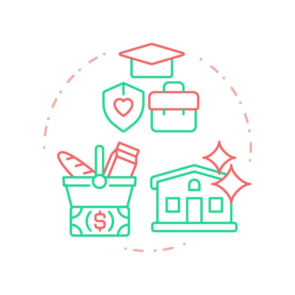 Adequate living standards duo tone concept icon. Human rights. Education, ownership. Round two color outline illustration. Abstract design. Easy to use in infographic, presentation vector