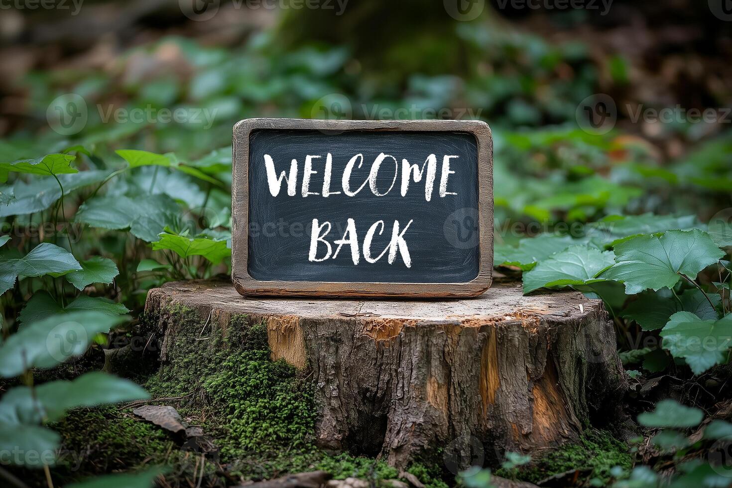Welcome back message written on mini chalkboard in a forest. Conceptual welcome back symbol. Copy space. photo