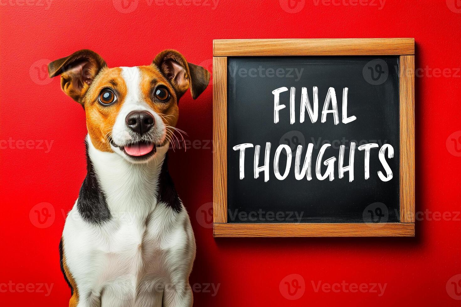Dog and a chalkboard with final thoughts message on it. Conceptual final thoughts symbol. Copy space. photo