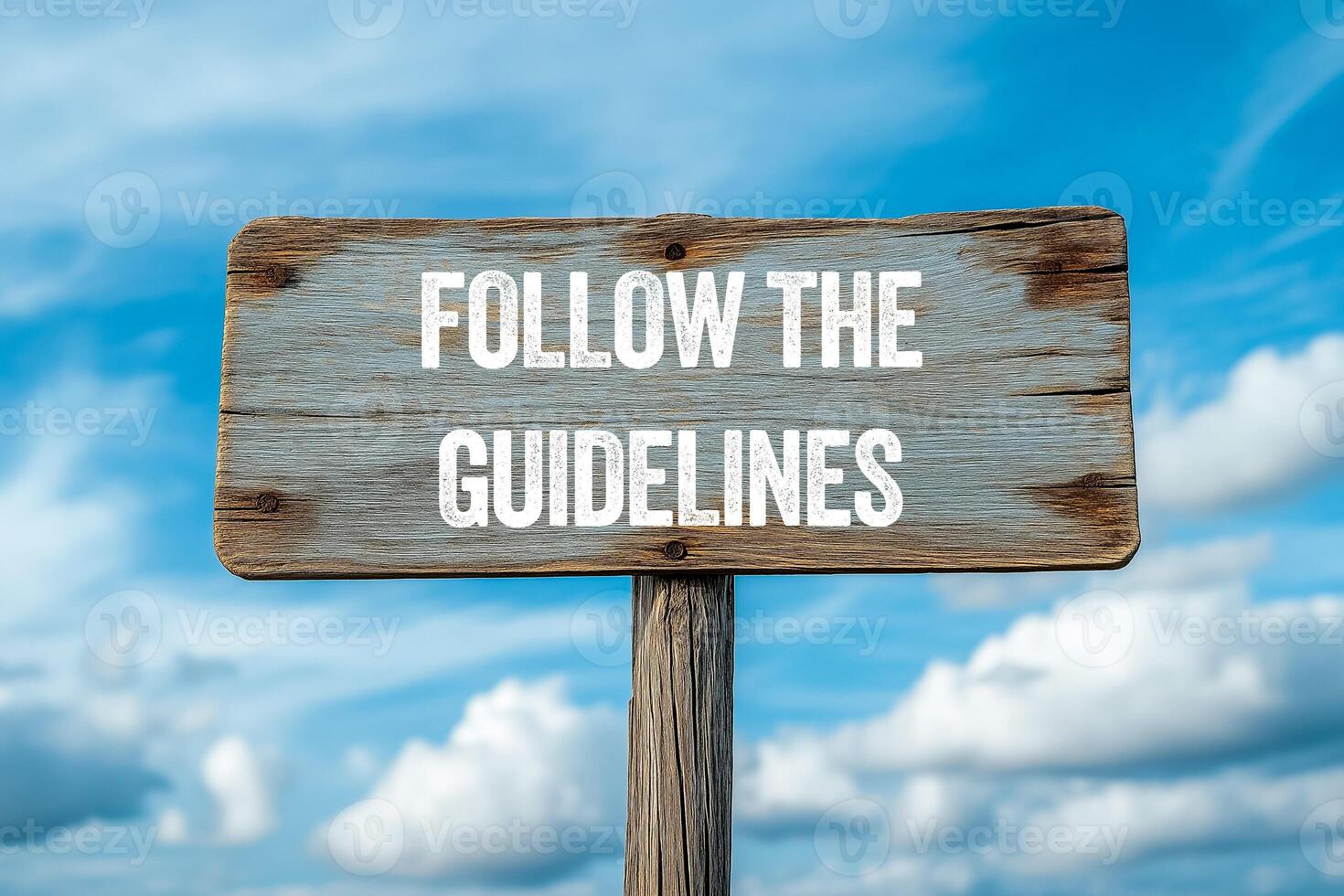 Follow the guidelines message written on wooden sign on blue sky background. Conceptual follow the guidelines symbol. Copy space. photo