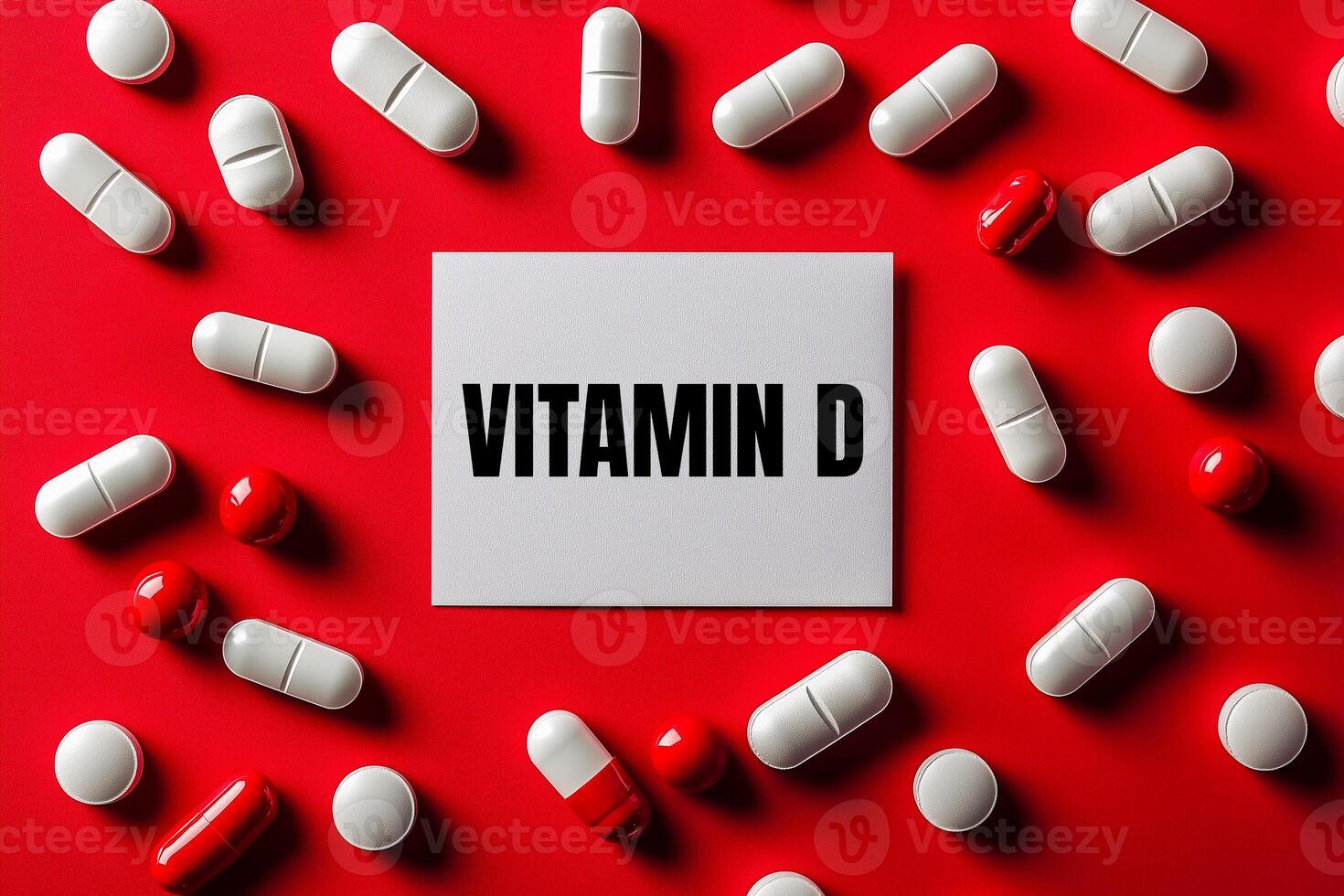 Vitamin d message written on white paper card with red background. Conceptual vitamin d symbol. photo