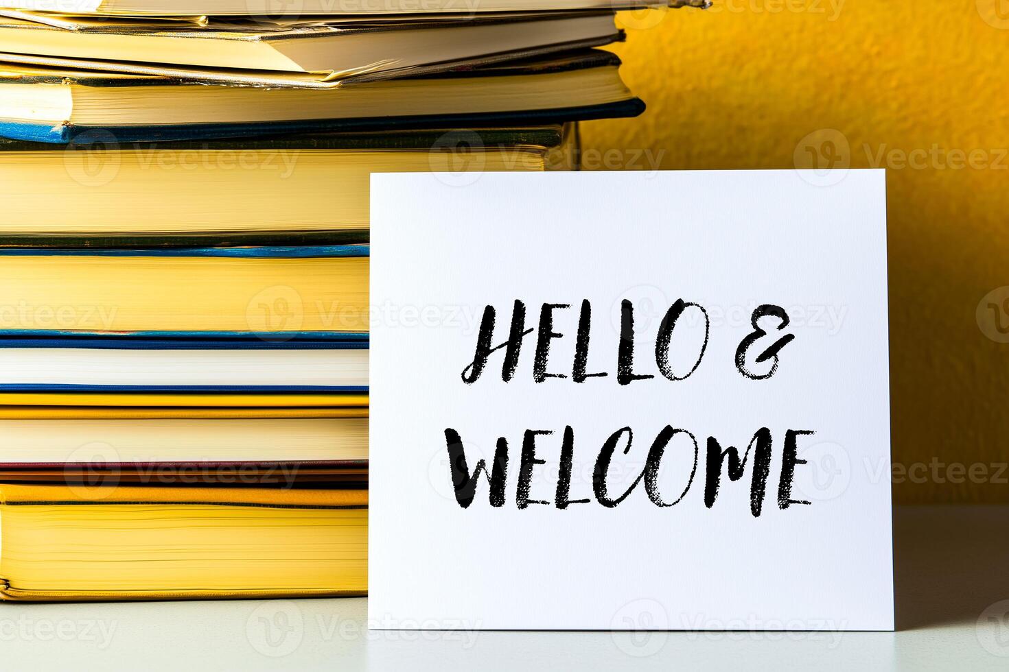 Hello and welcome message written on white card with stack of books photo