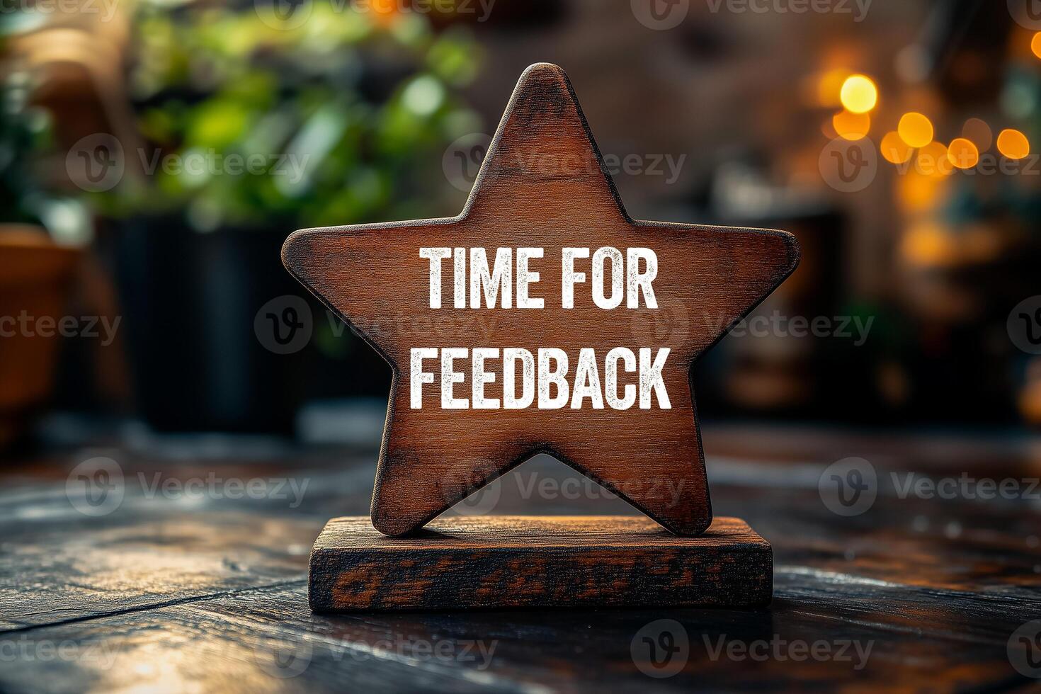 Time for feedback message written on wooden star shape. Conceptual time for feedback symbol. Copy space. photo