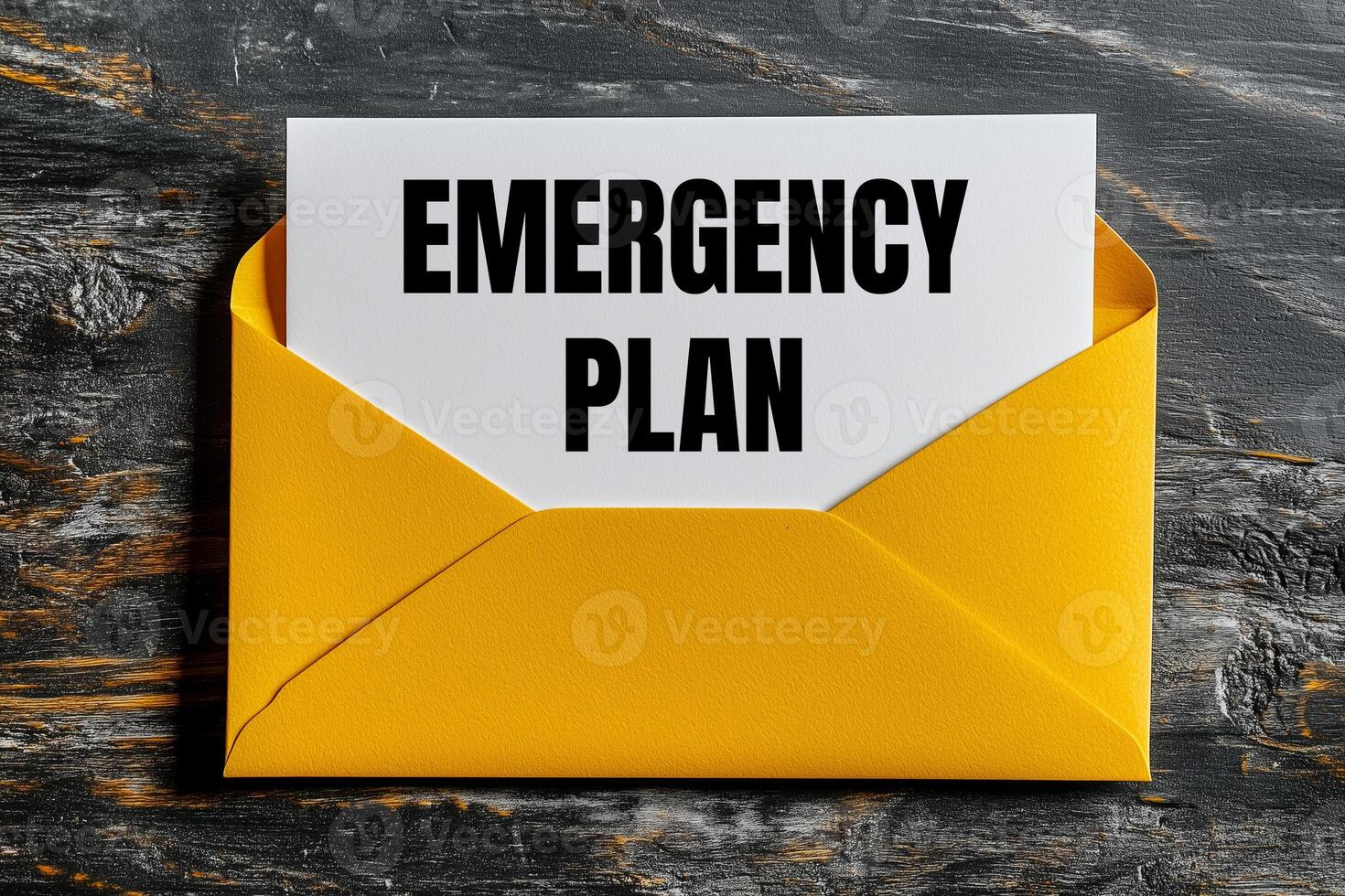 Emergency plan message written on yellow envelope. Conceptual emergency plan symbol. Copy space. photo