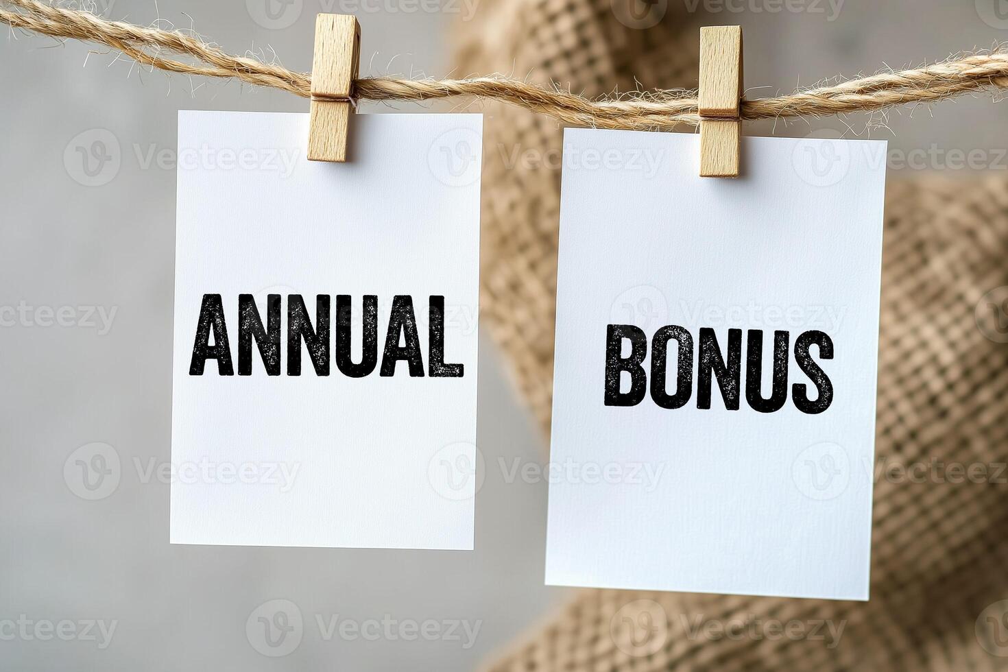 Annual bonus message written on hanging white paper pieces. Conceptual annual bonus symbol. Copy space. photo