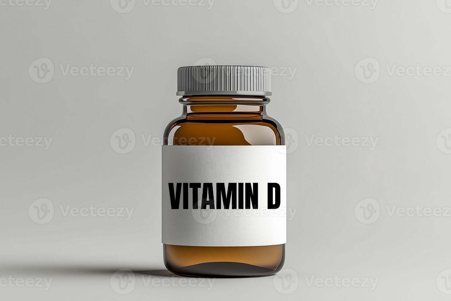 Vitamin d message written on medicine bottle on gray background. Conceptual vitamin d symbol. Copy space. photo