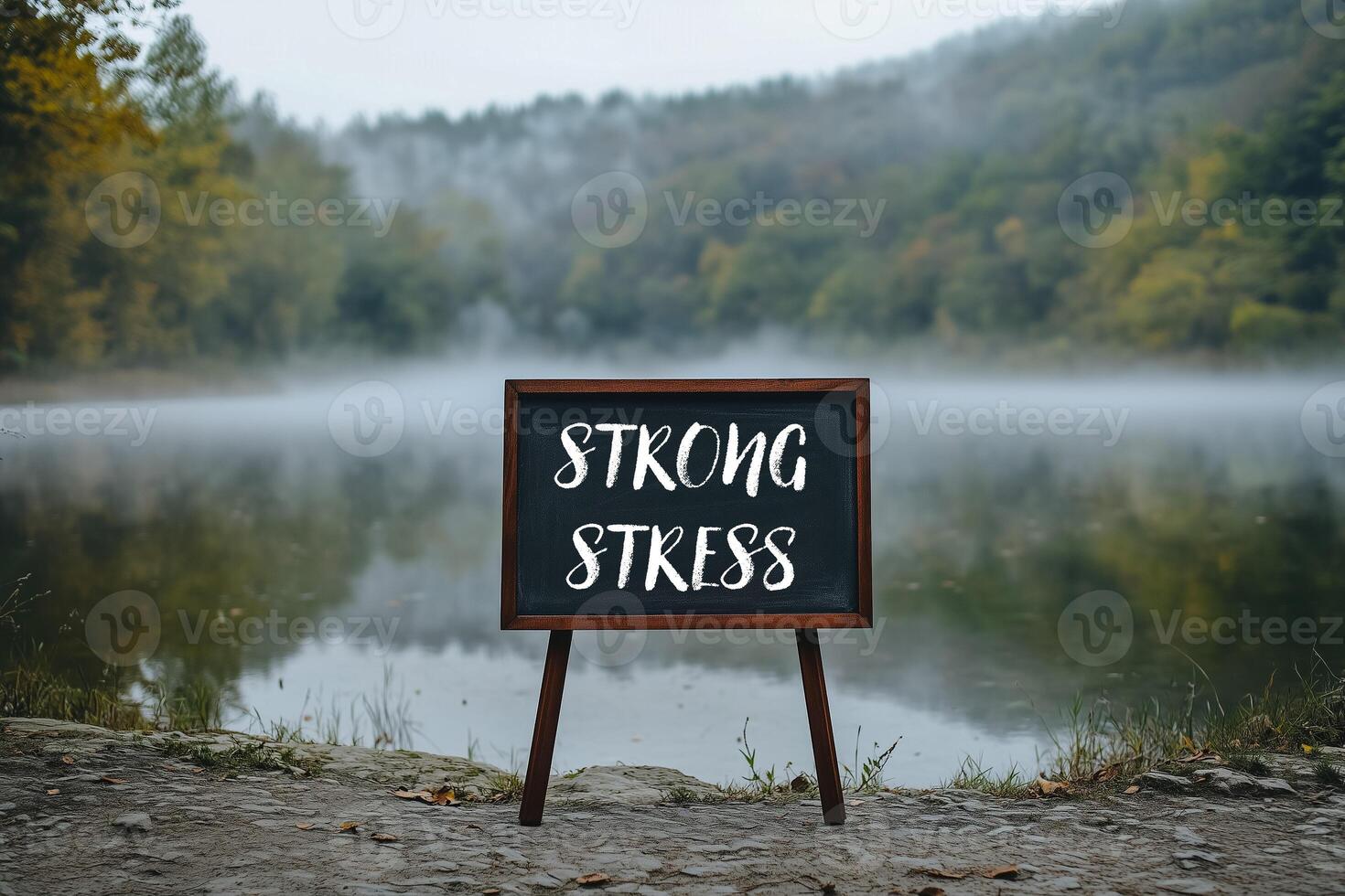 Strong stress message on chalkboard in front of a lake photo