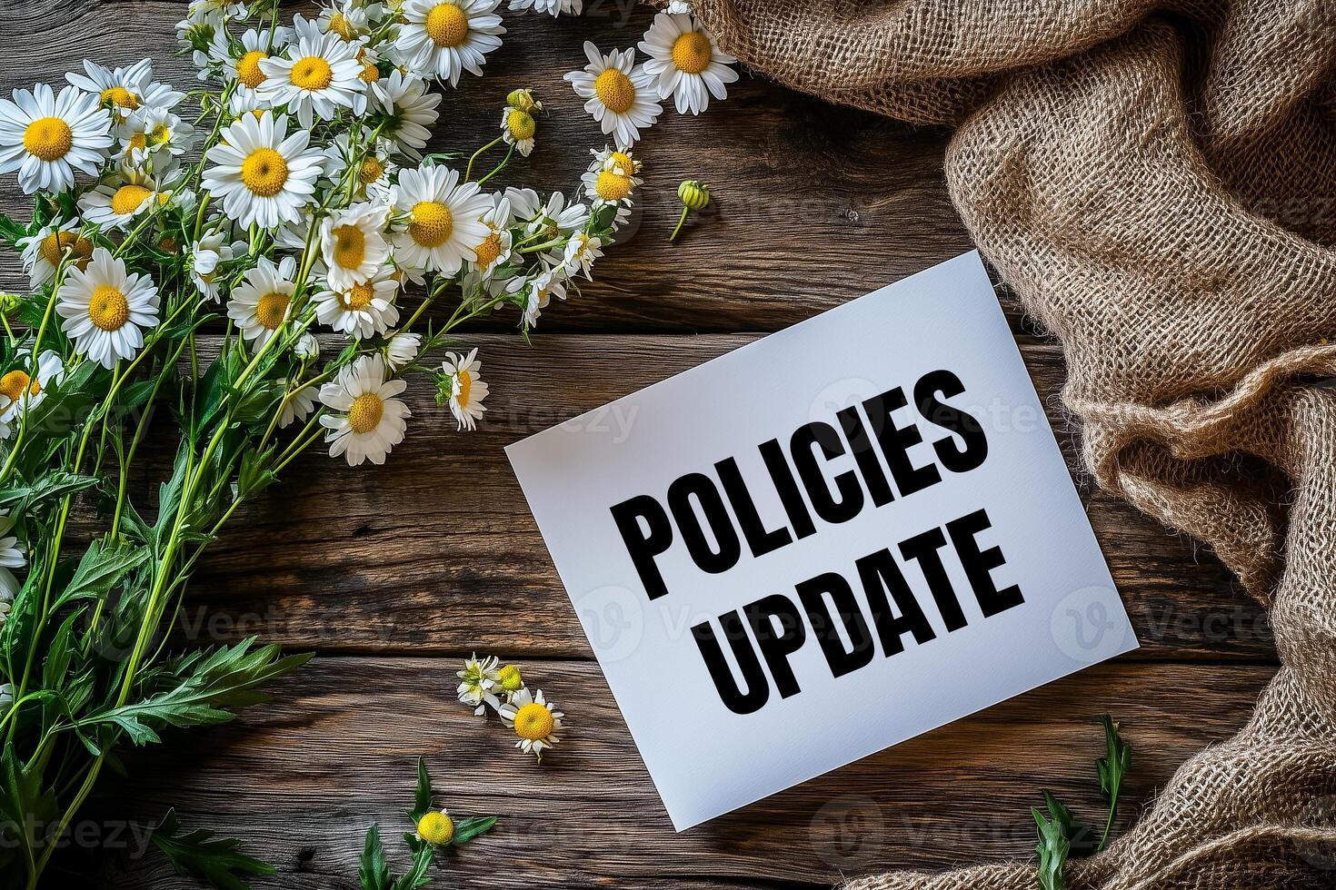 Policies update message written on white card and daisies on wooden table photo