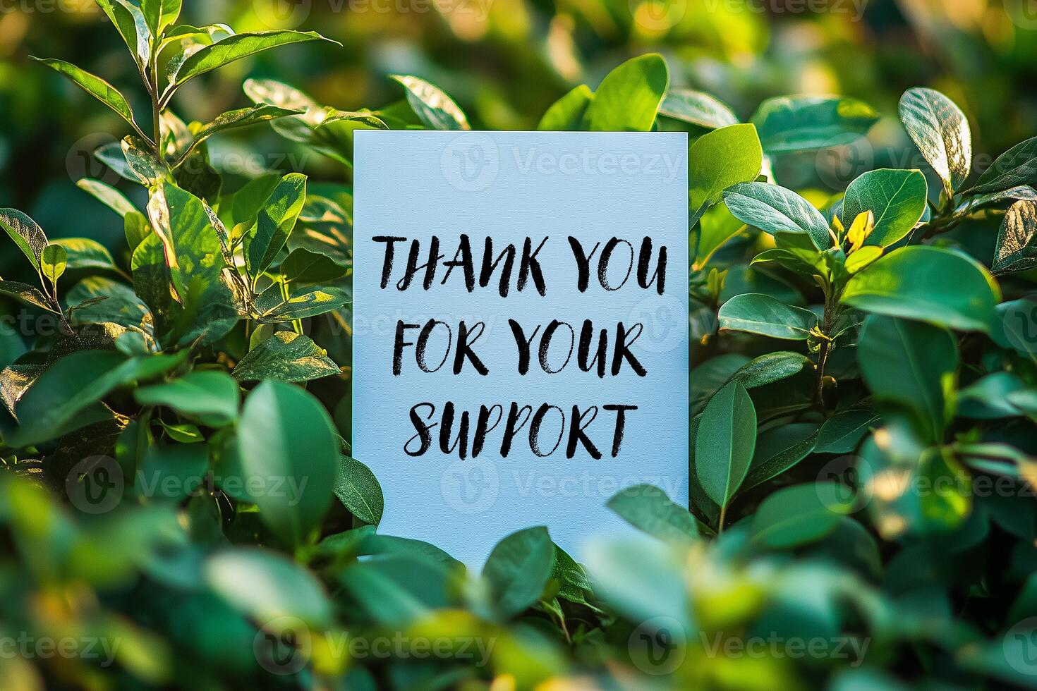 Thank you for your support message written on white card on a bush photo