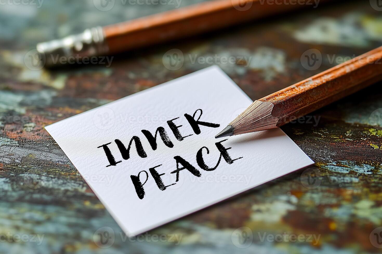 Inner peace message written on a white card with pencil. Conceptual inner peace symbol. Copy space. photo