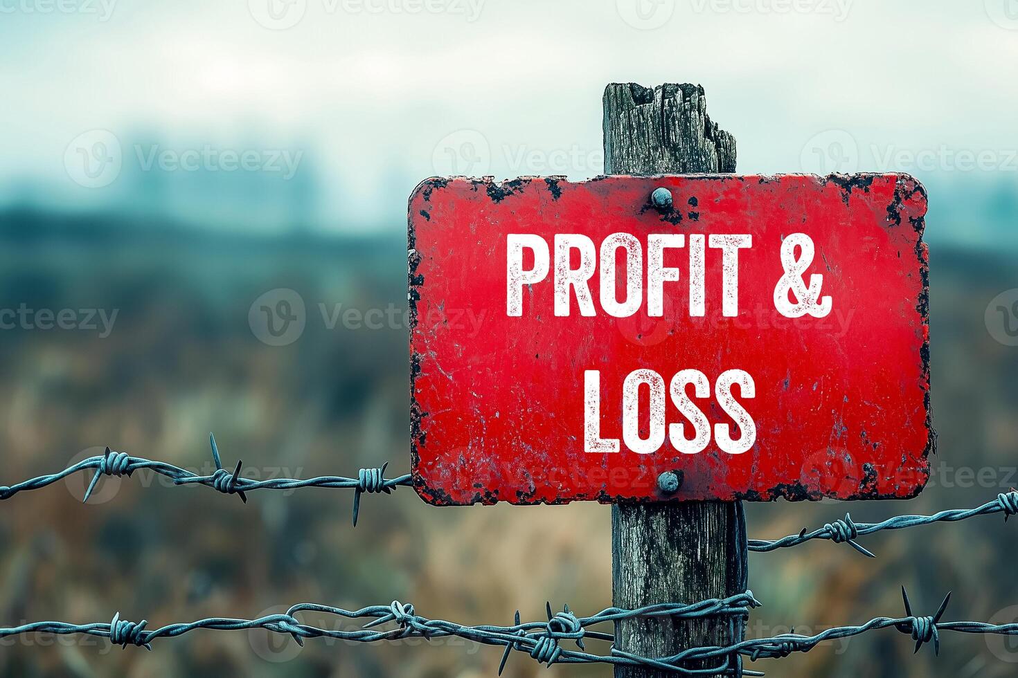 Profit and loss message written on red metal signpost. Conceptual profit and loss symbol. Copy space. photo
