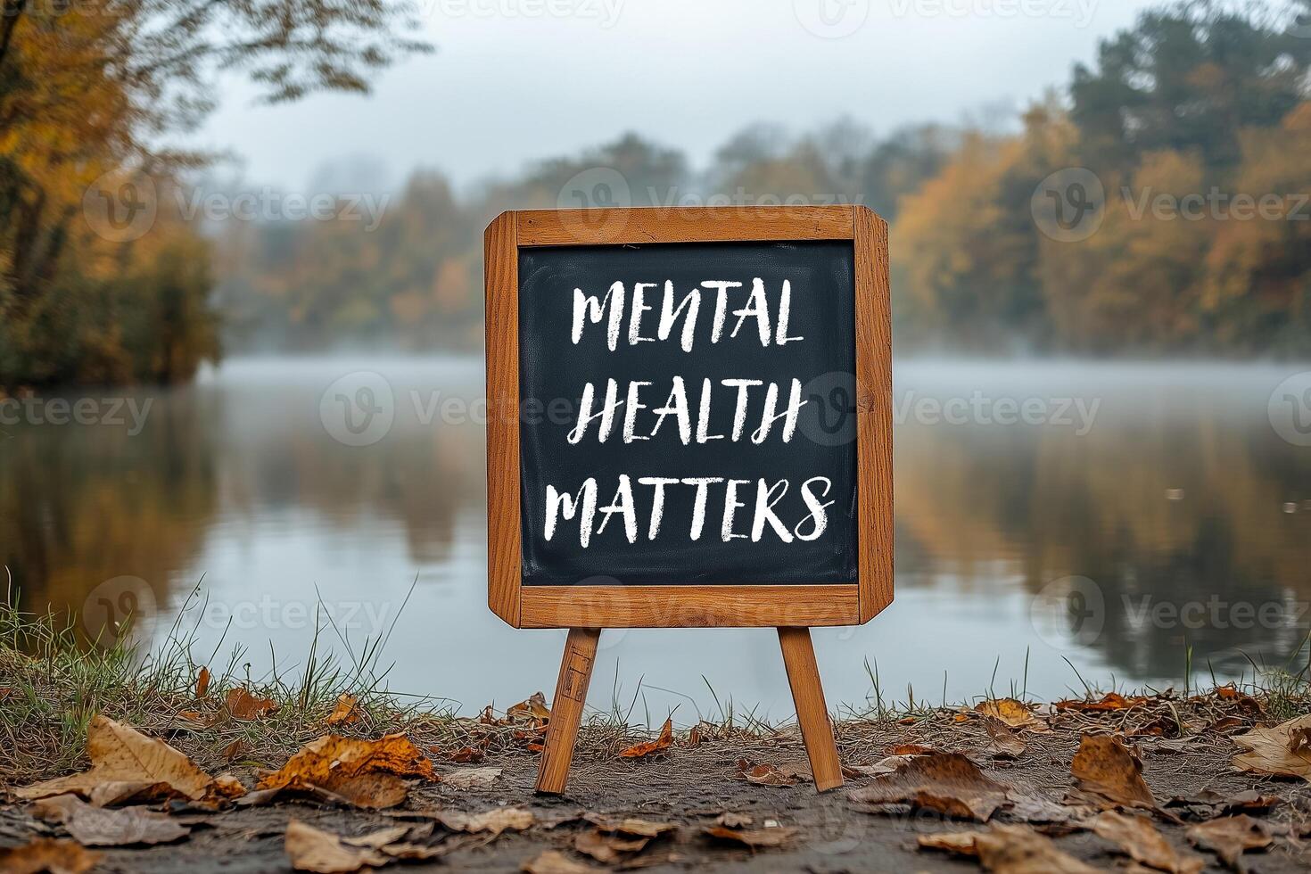 Mental health matters message on chalkboard in front of a lake photo