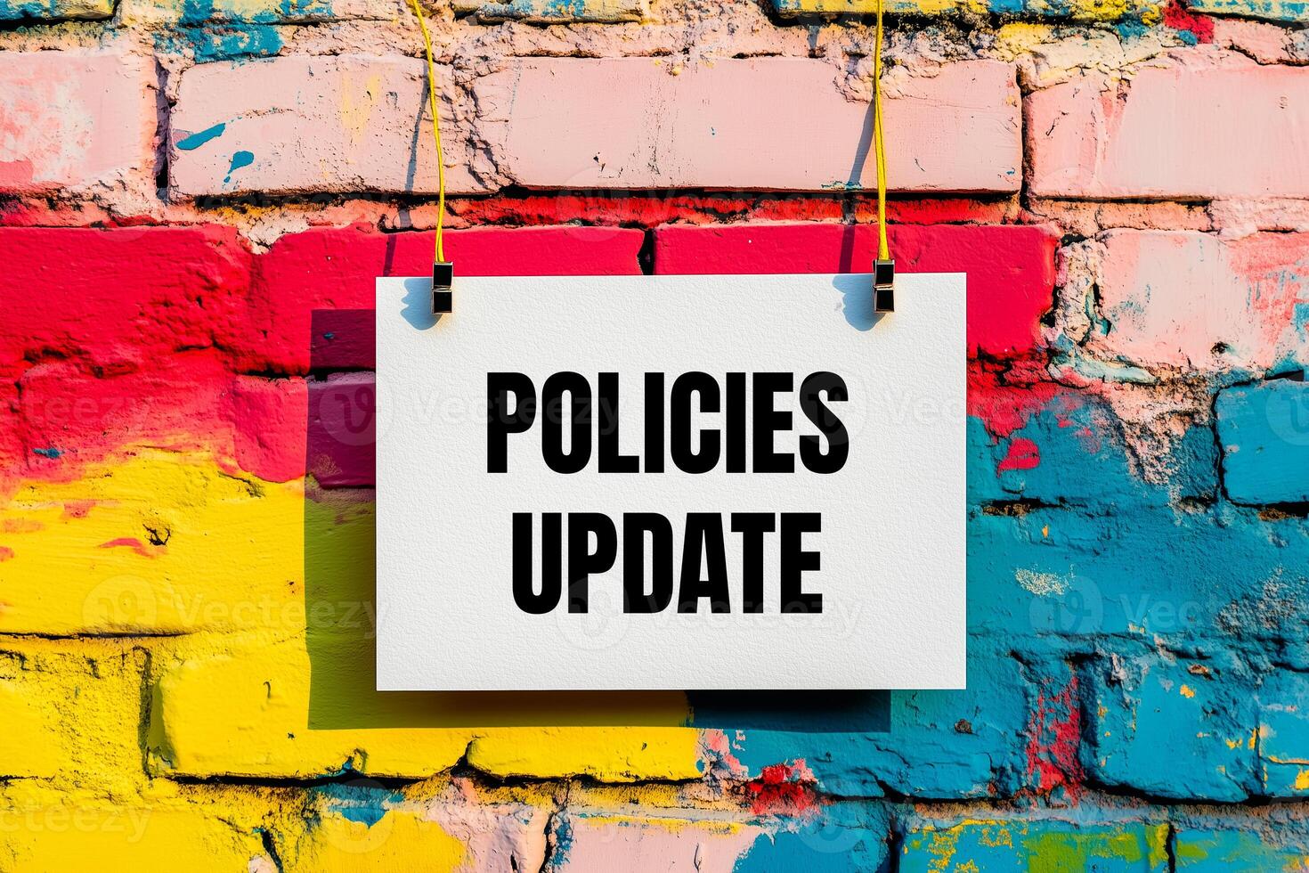 Policies update message written on white card on colorful wall. Conceptual policies update symbol. Copy space. photo