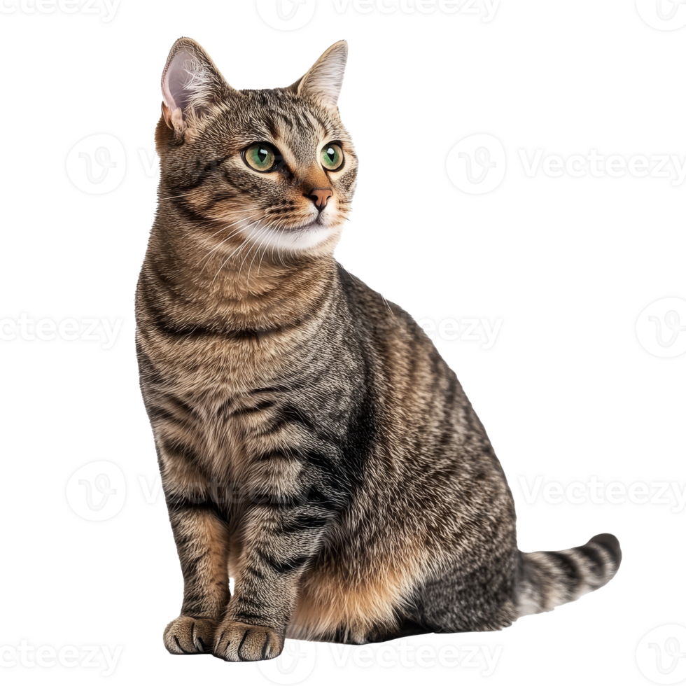 Tabby cat sitting calmly with alert expression png
