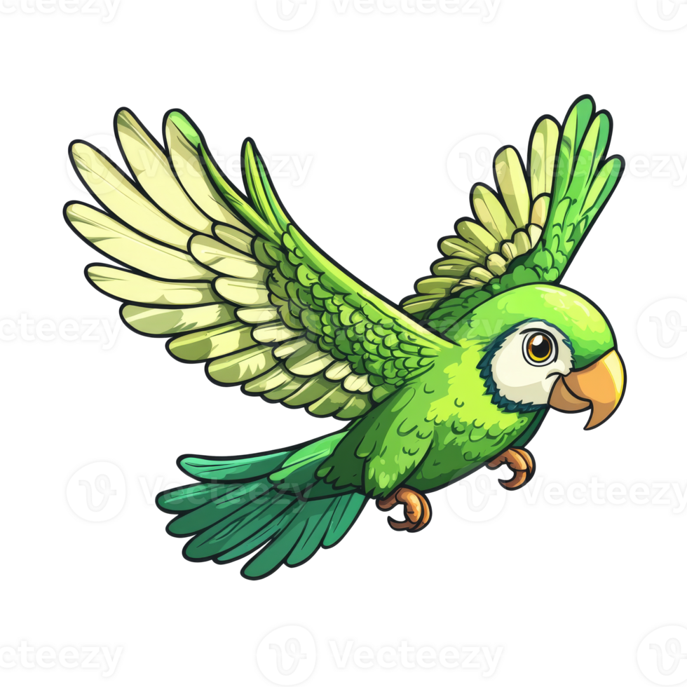 Colorful green parrot flying in bright environment png