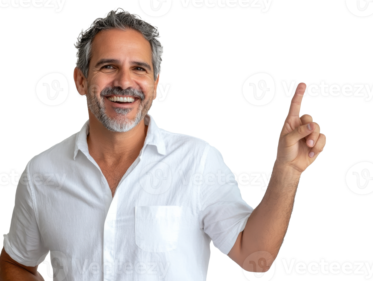 Smiling man pointing upwards in casual attire png