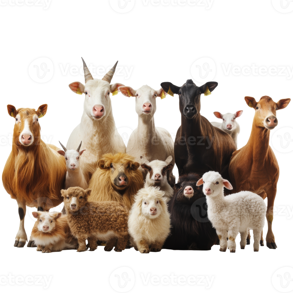 Group of farm animals in a playful setting png