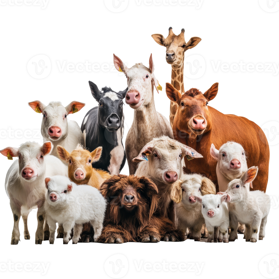 Diverse farm animals gathered together for a photo png