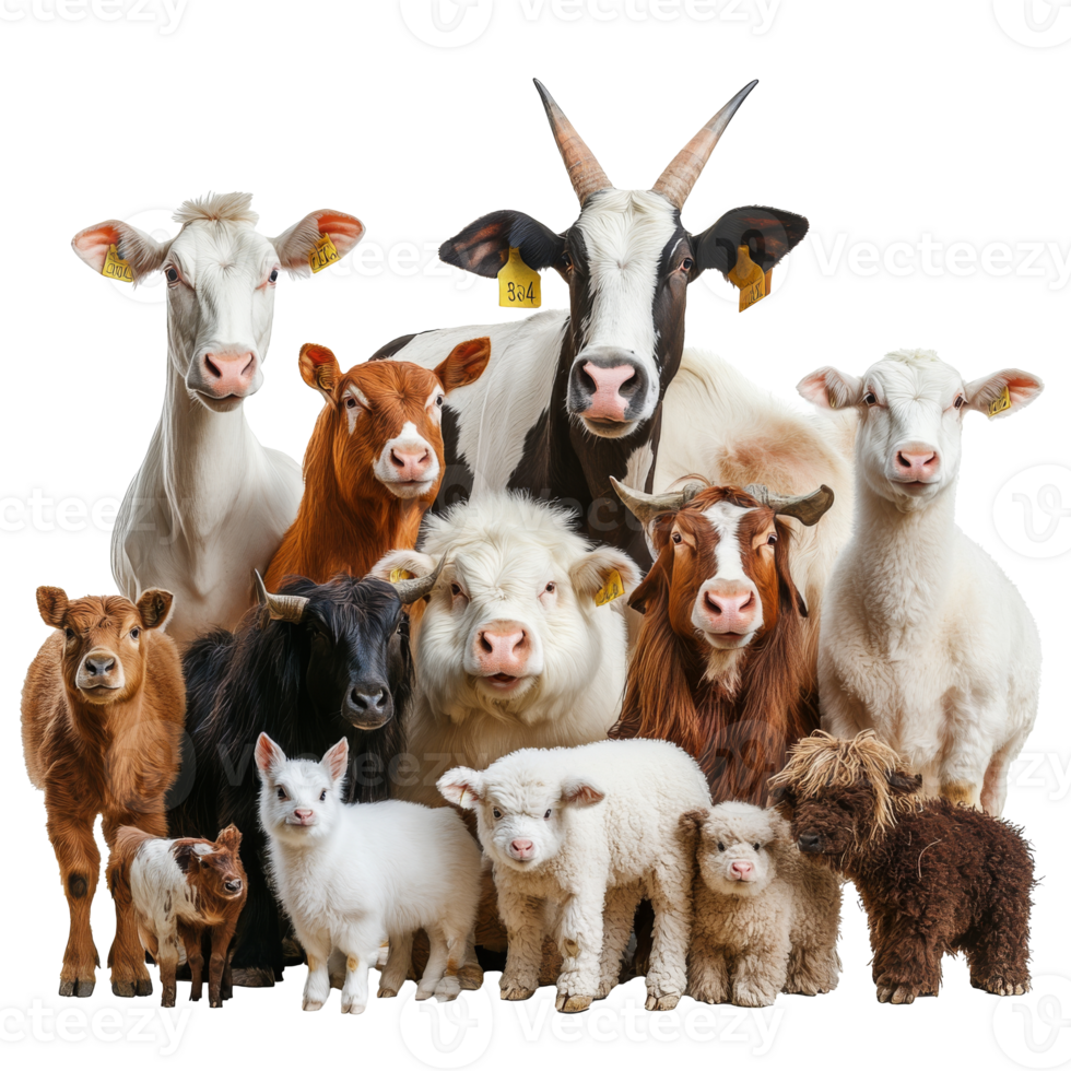 Farmyard animals gathered for a friendly portrait png
