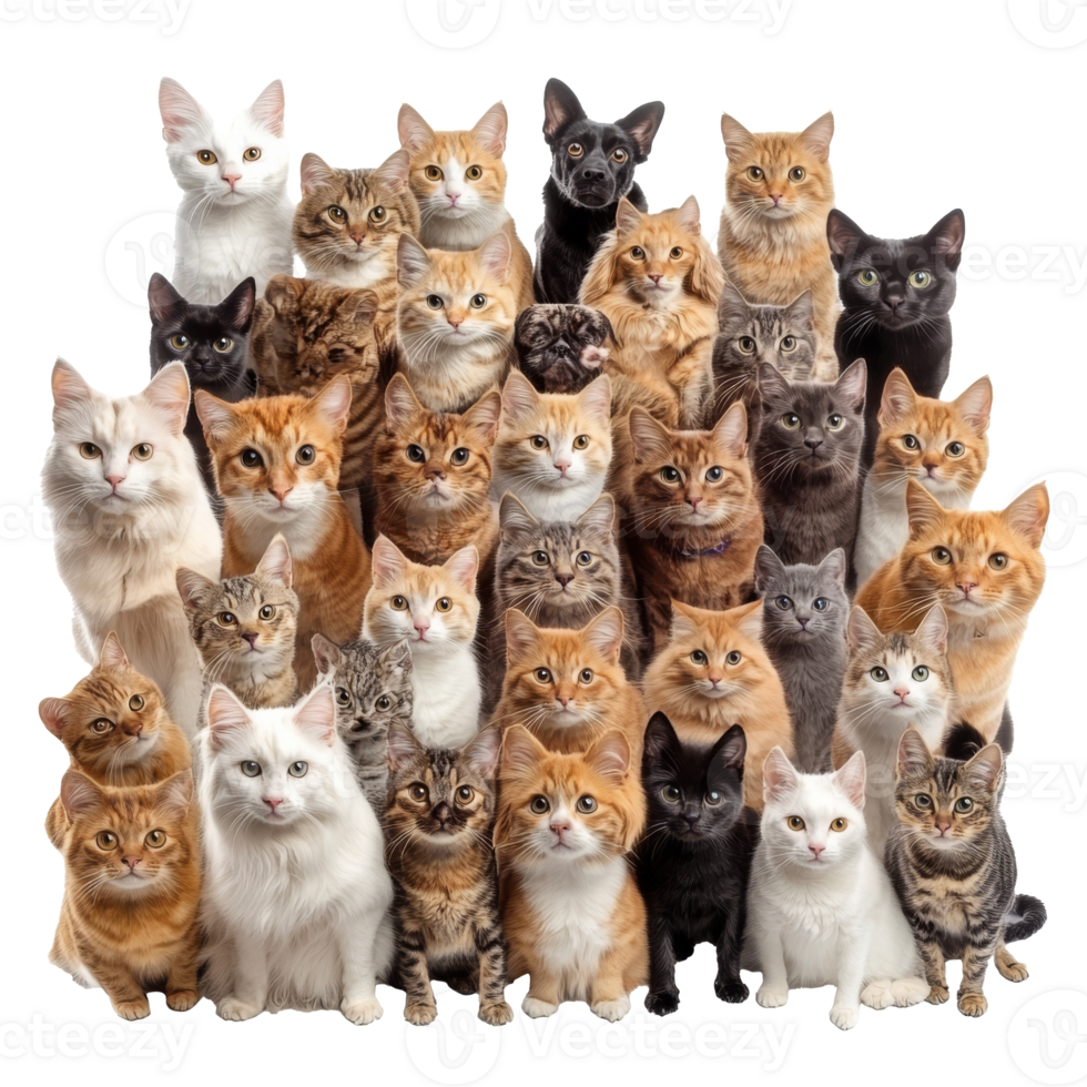 Many cats gathered in a playful group setting png