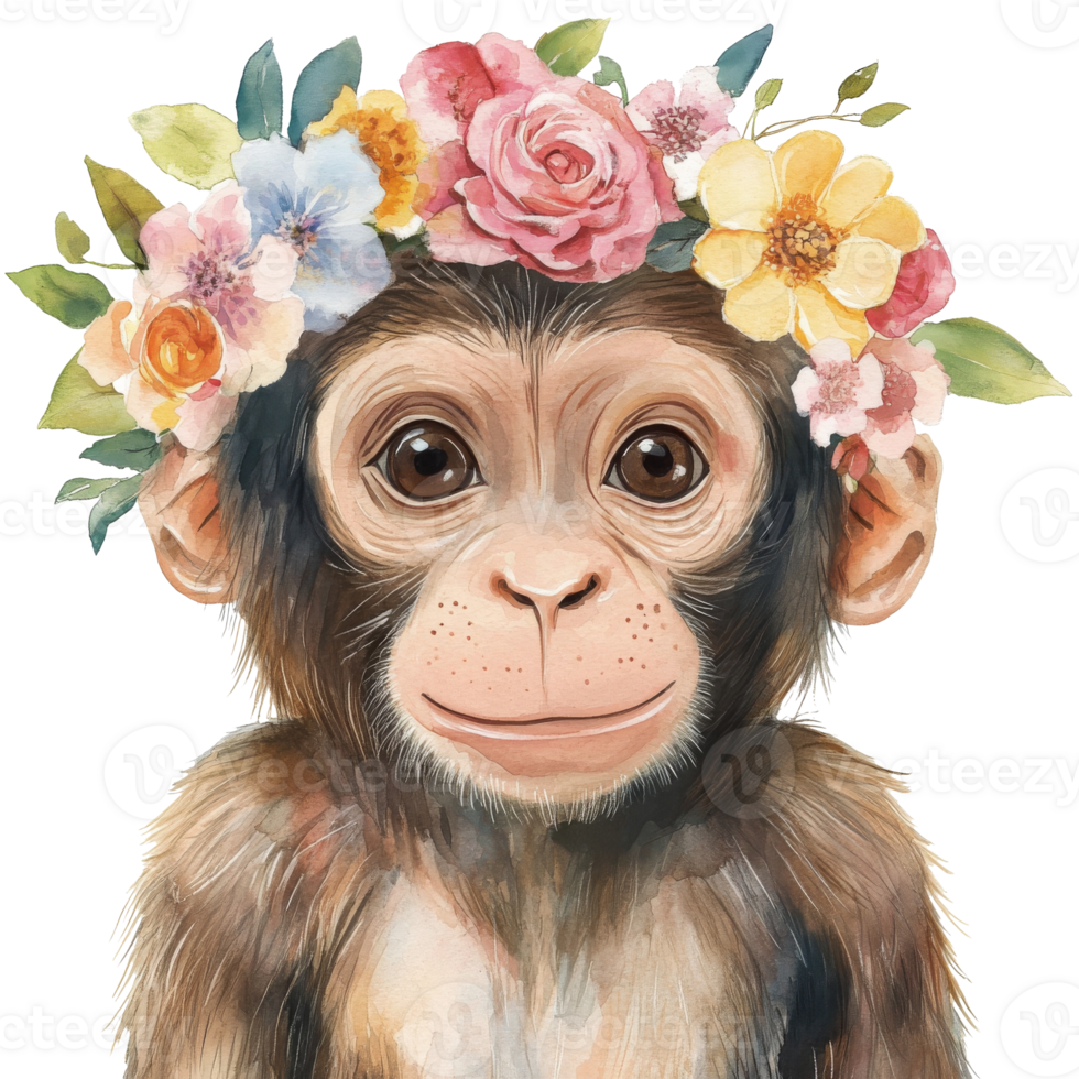 Cute monkey with floral crown on its head png