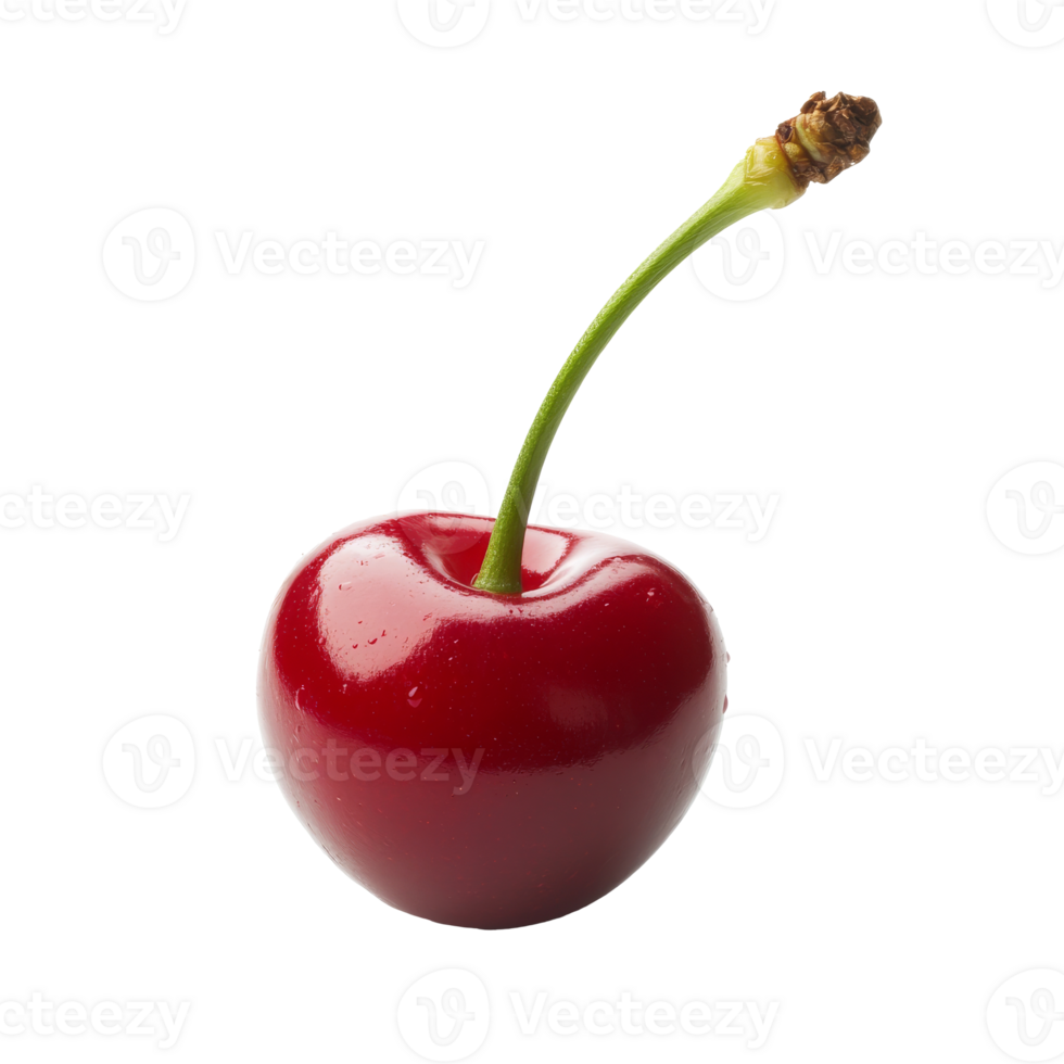 Shiny red cherry with green stem png