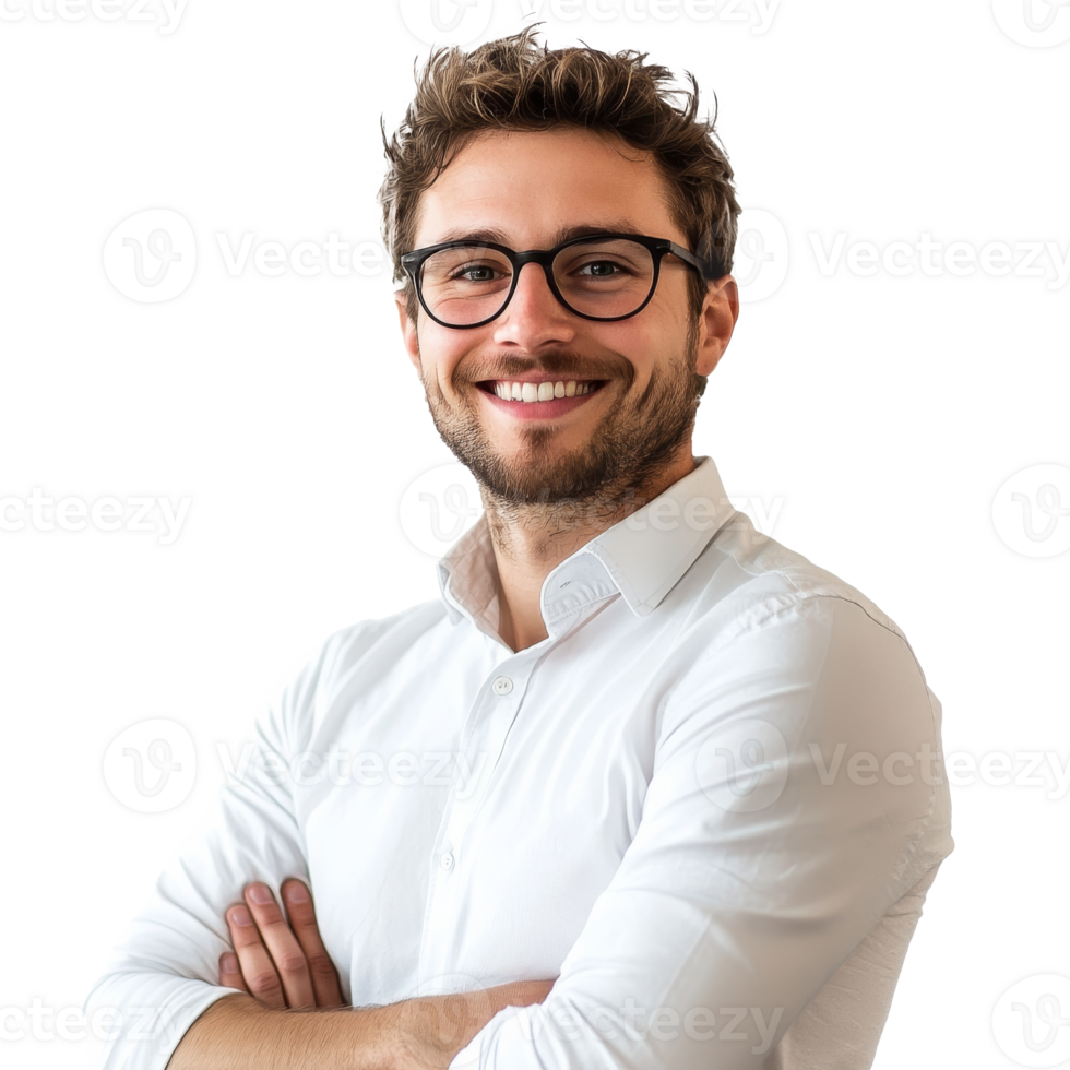 Young man smiling confidently with arms crossed png