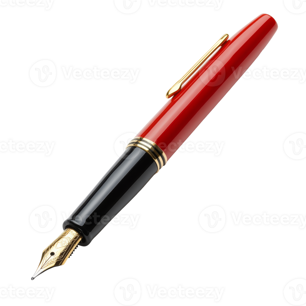 Elegant red and black fountain pen resting poised png