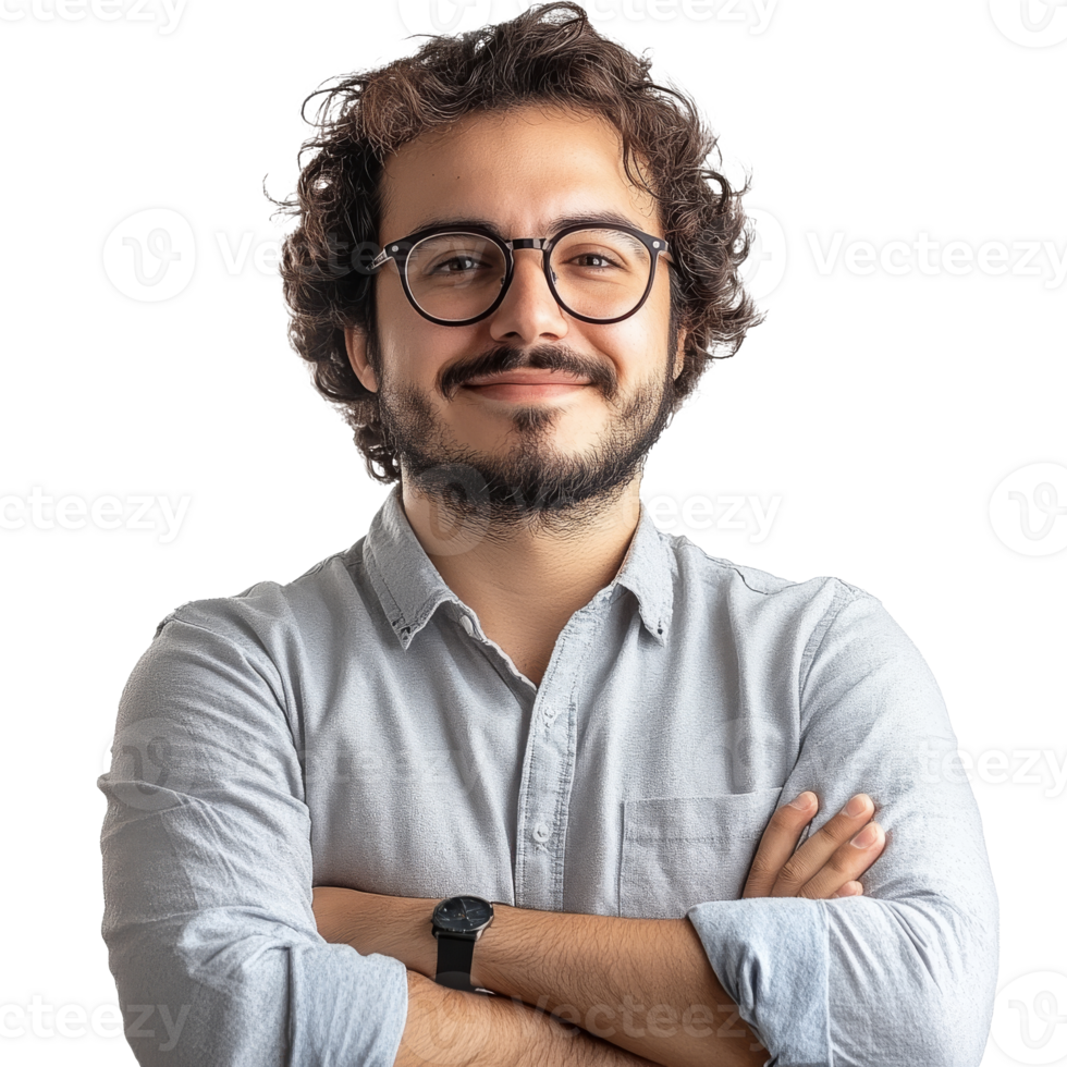 confiante homem com encaracolado cabelo e óculos png
