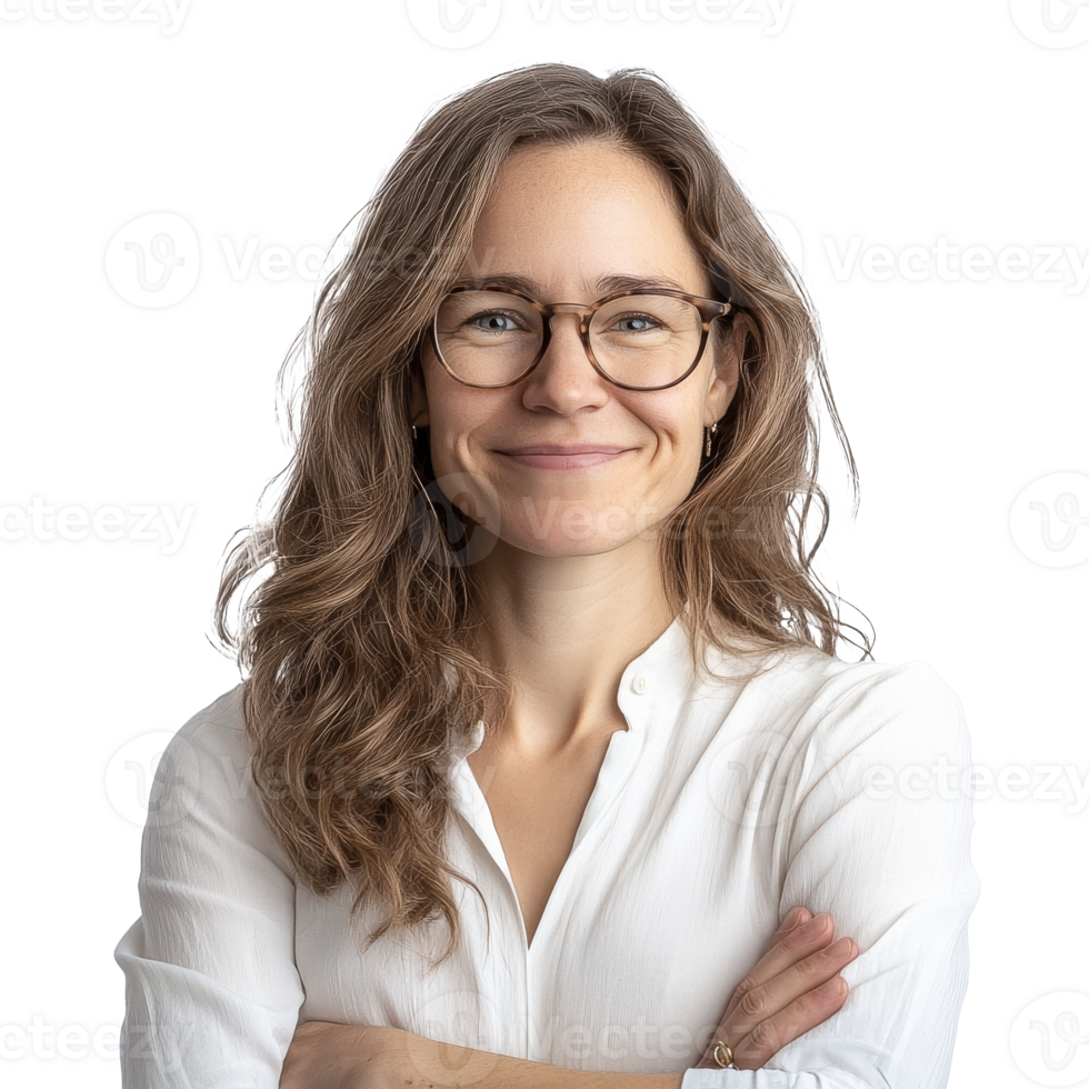 Smiling woman with glasses poses confidently png
