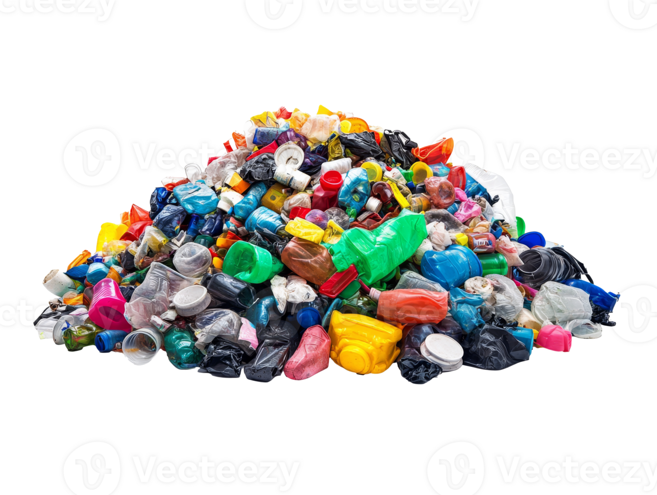 Piled plastic waste at recycling center png