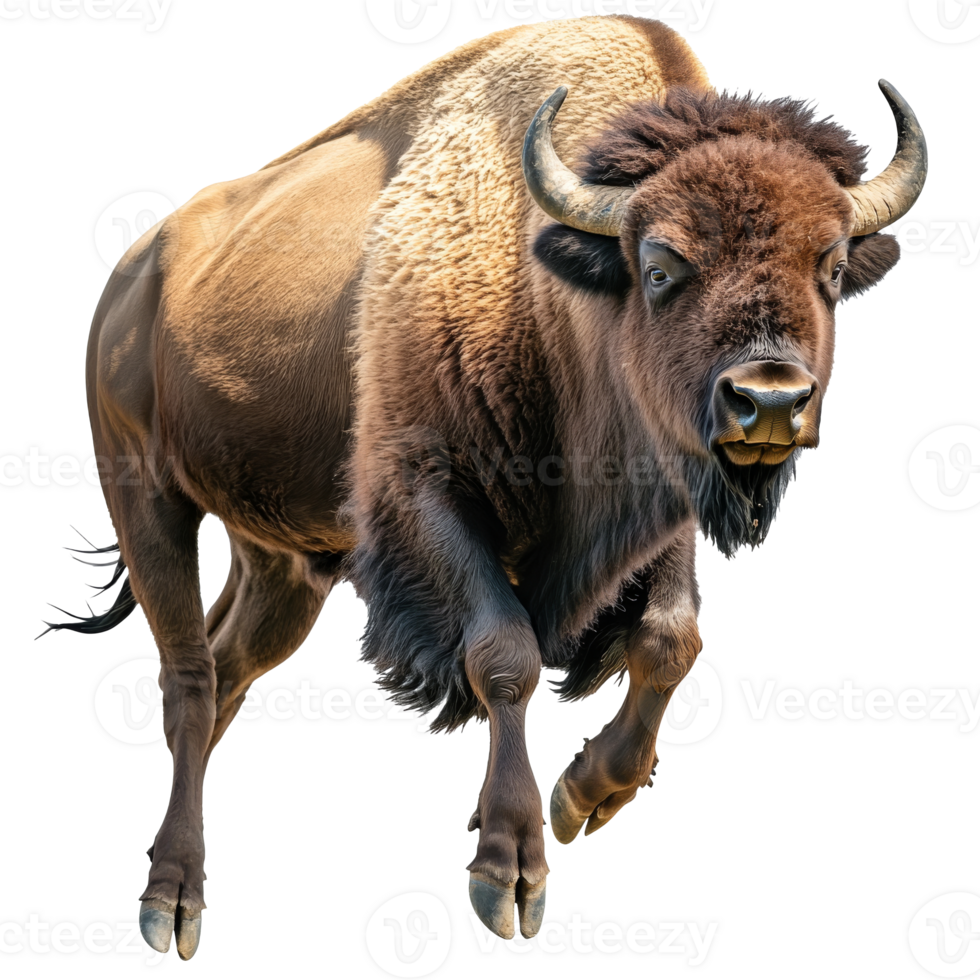 Bison running in open grassland under bright sky png